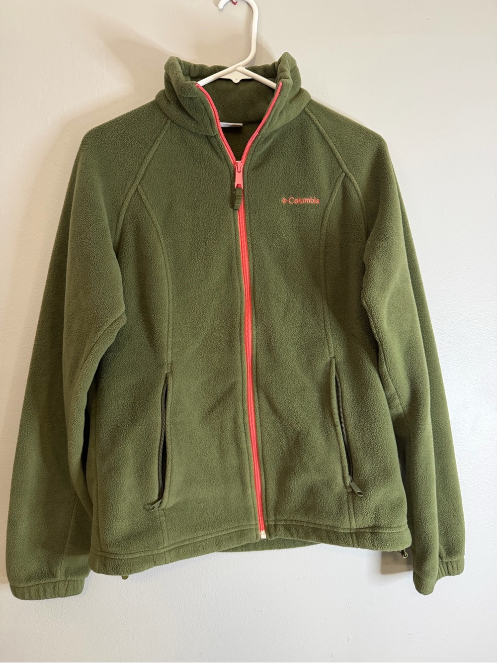 Columbia Olive Green Fleece Jacket with Coral Zipper